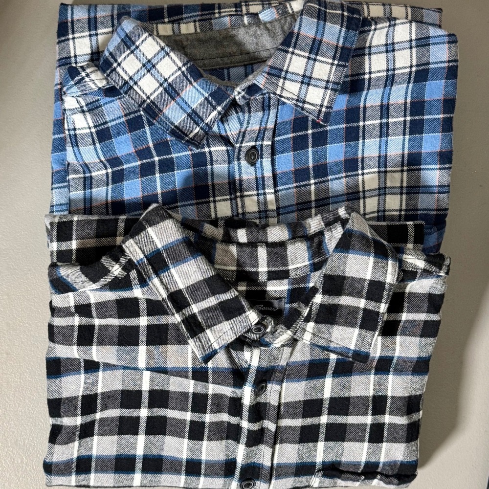 2 PC Bundle Eddie Bauer Flannel Shirt Mens Large Blue Black Plaid Cabin Layering
